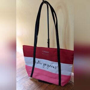 Kate Spade Red and Pink Striped Tote Clinique